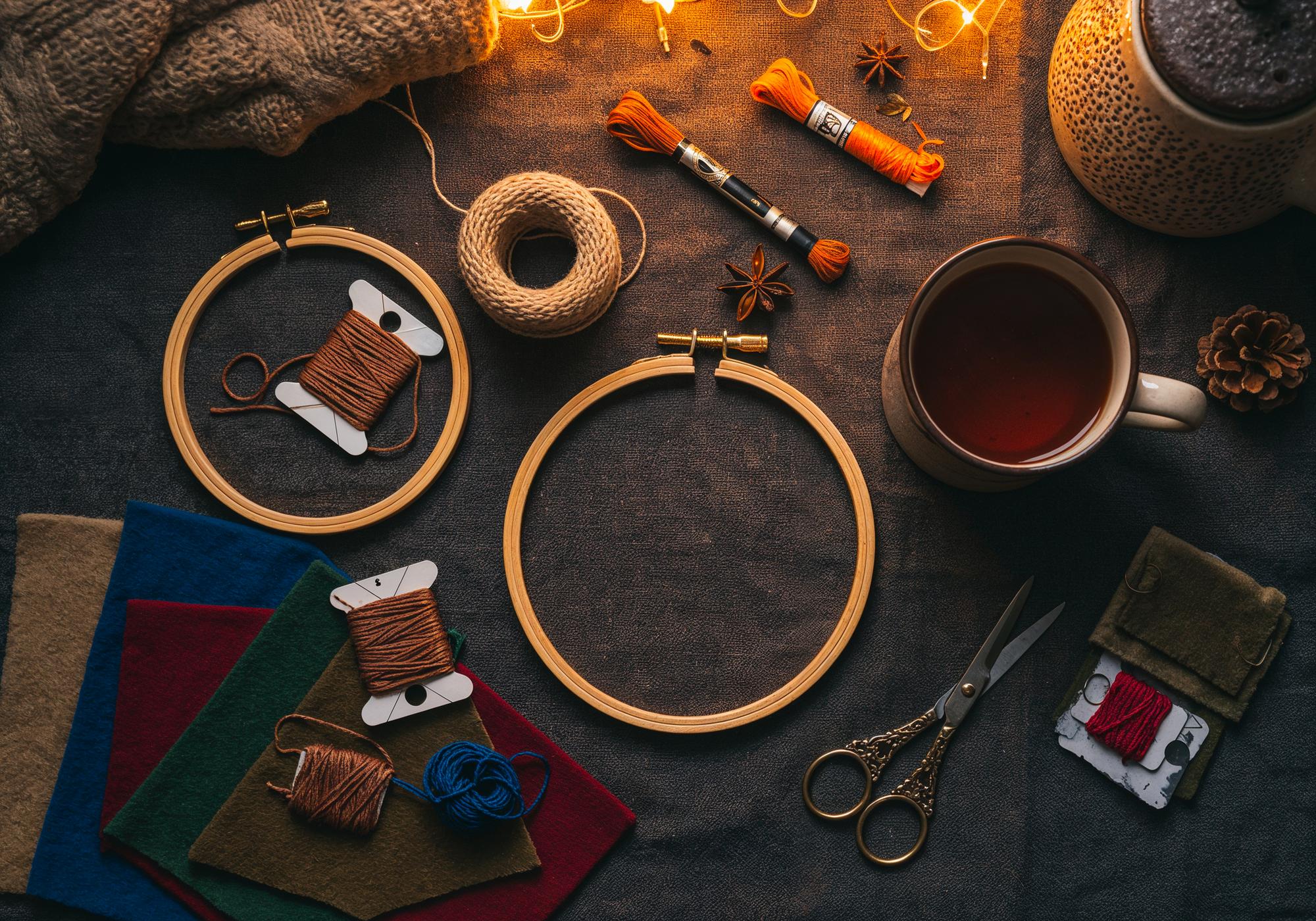 Tavolo di lavoro atelier con telaio e fili